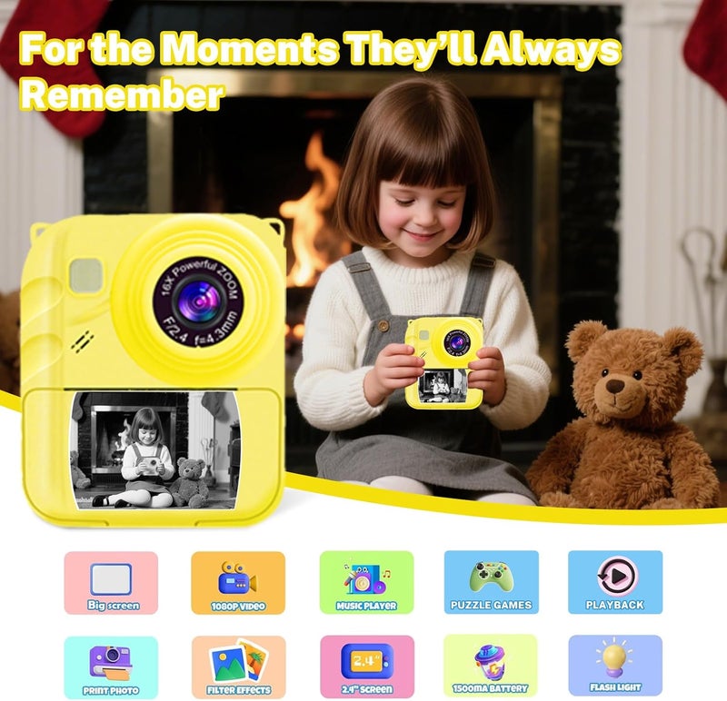 QDH Instant Print Camera for Kids, 1080P Video Camera with 3 Print Rolls, 32GB Card & Cute Cover, Gift for Girls Boys Age 3-12, Toddler Digital Camera with Games, Filters, Music – Yellow - Image 2